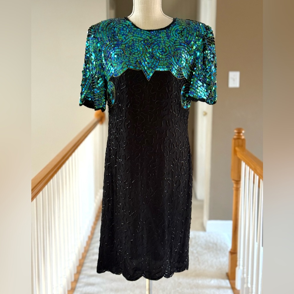 Vintage Denise Elle Evening Dress Black‎ Silk Beaded With Sequins